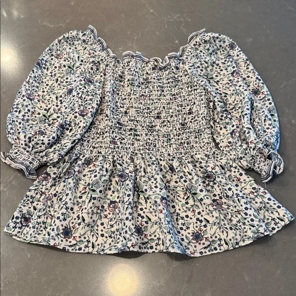 Max Studio White Smocked Peasant Blouse with Blue and Green Floral Print - Picture 4 of 4